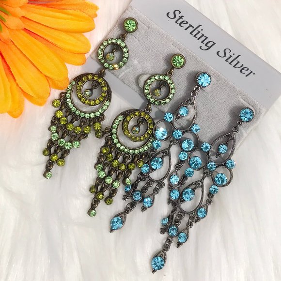 Boho Earrings Rhinestone Long Dressy Post Drop Dangles Jeweled Green & Blue NWT - Picture 5 of 5